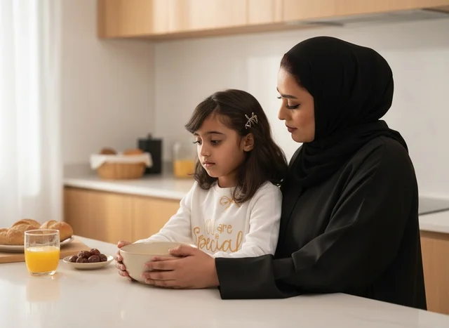أم وابنتها عربيتان في مطبخ حديث