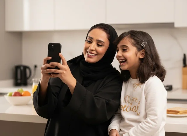 Saudi Mother and Daughter with Smartphone in Kitchen Saudi Mother and Daughter with Smartphone in Kitchen