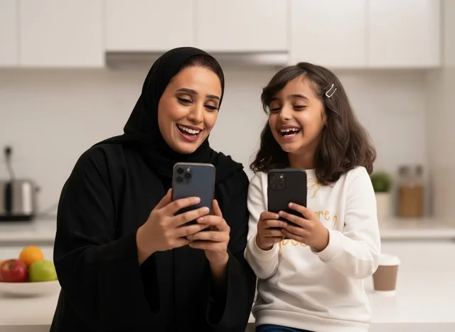 أم وابنة إماراتية تستخدمان الهواتف الذكية في المطبخ