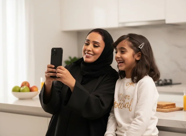 Saudi Mother and Daughter Taking Selfie in Modern Kitchen