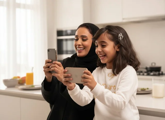 Saudi Mother and Daughter with Smartphones in Kitchen Saudi Mother and Daughter with Smartphones in Kitchen