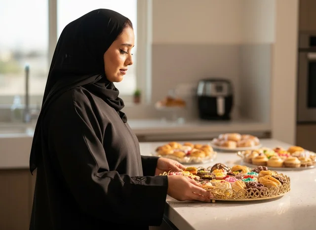 امرأة إماراتية تحمل صينية حلويات تقليدية في المطبخ