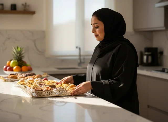 امرأة إماراتية بالعباءة تحضر المعجنات في المطبخ