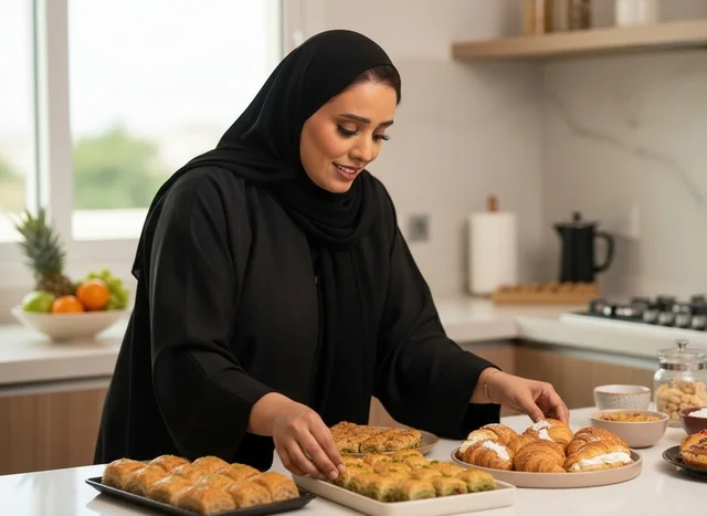 Emirati Woman Preparing Traditional Desserts in Kitchen