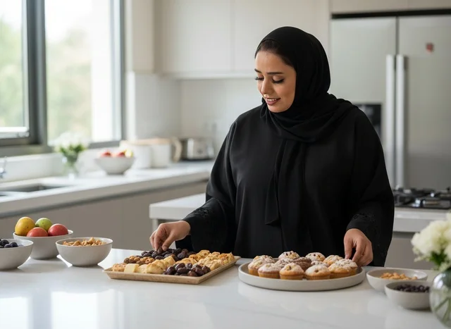 Emirati Woman in Abaya Preparing Dates in Kitchen
