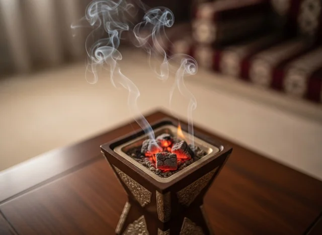 Traditional Arabic Incense Burner with Smoke and Glowing Charcoal