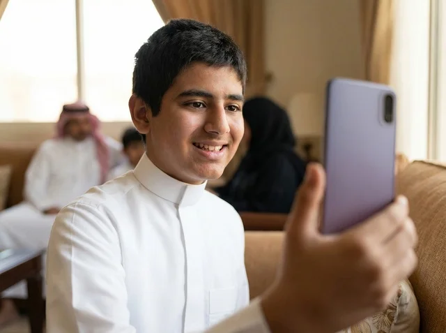 عائلة سعودية تستخدم جهاز لوحي بملابس تقليدية
