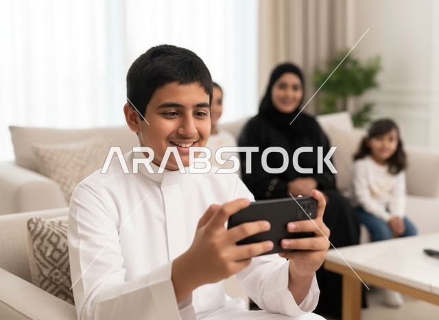 طفل سعودي بالثوب الأبيض يستخدم الهاتف الذكي في المنزل