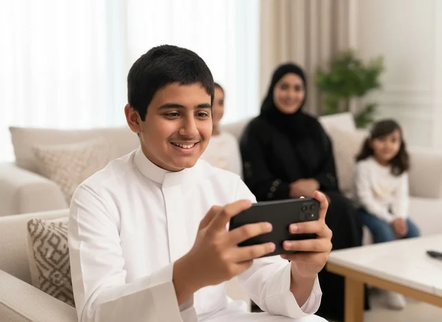 طفل سعودي بالثوب الأبيض يستخدم الهاتف الذكي في المنزل