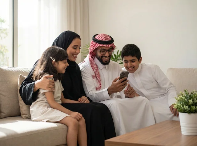 عائلة سعودية في المنزل تستخدم الهاتف الذكي