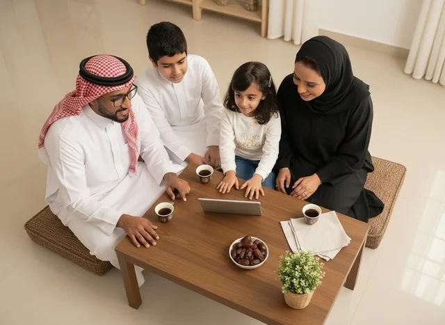 عائلة سعودية في المنزل تستخدم جهاز لوحي مع القهوة