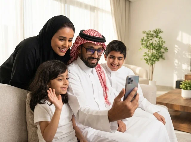 عائلة سعودية تجري مكالمة فيديو بالهاتف في المنزل