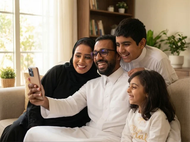 عائلة سعودية تستخدم جهاز لوحي بملابس تقليدية