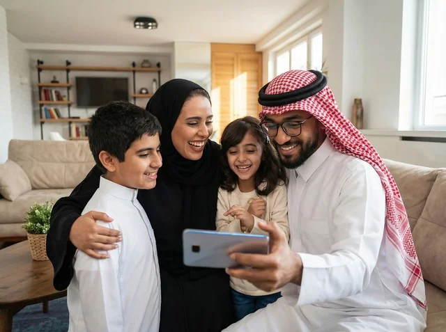 عائلة سعودية تلتقط صورة سيلفي في غرفة المعيشة