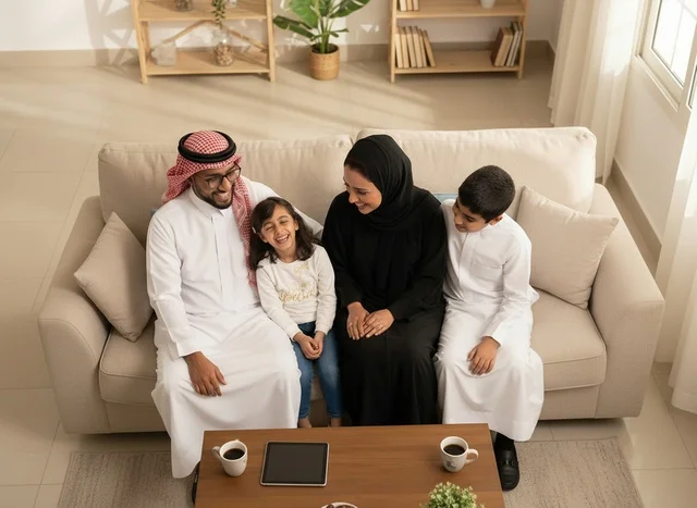 Saudi Family in Traditional Clothing Sitting on Sofa