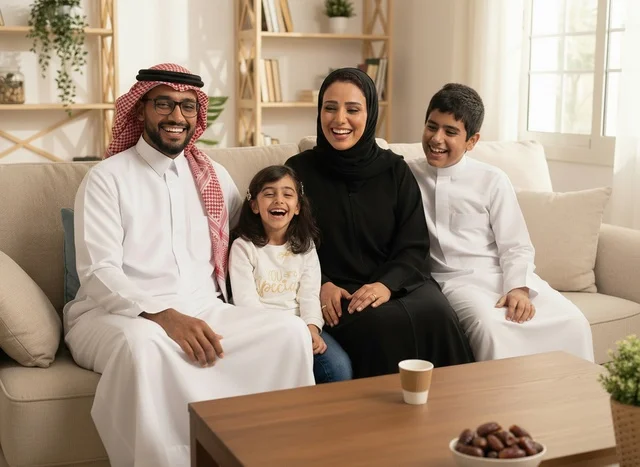 عائلة سعودية بالملابس التقليدية تجلس في المنزل