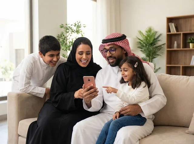 عائلة سعودية تستخدم الهاتف في غرفة المعيشة