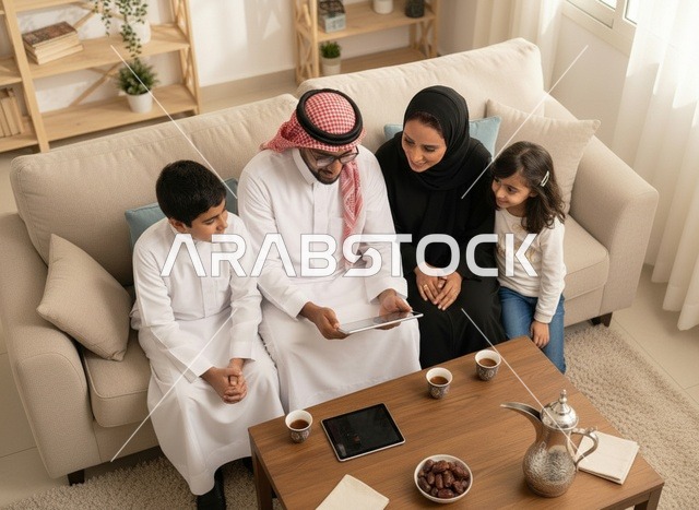 عائلة سعودية تستخدم جهاز لوحي في منزل حديث