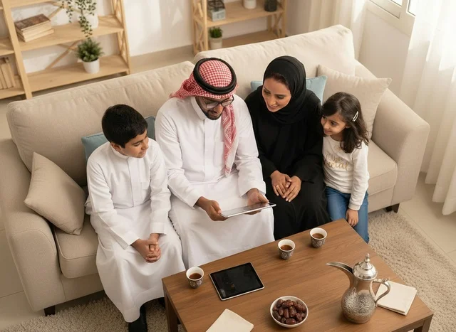 عائلة سعودية تستخدم جهاز لوحي في منزل حديث