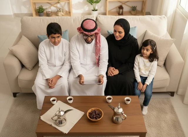 عائلة سعودية تستخدم جهاز لوحي في غرفة المعيشة