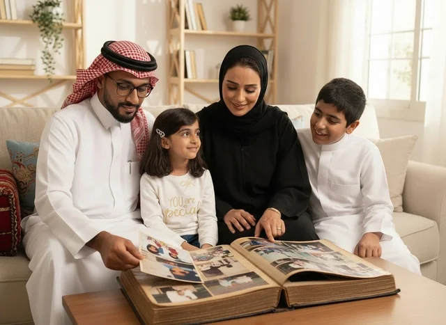 عائلة سعودية بالزي التقليدي تتصفح ألبوم صور