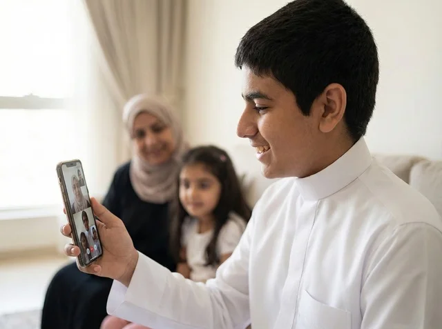 فتى سعودي بالثوب الأبيض يجري مكالمة فيديو عائلية