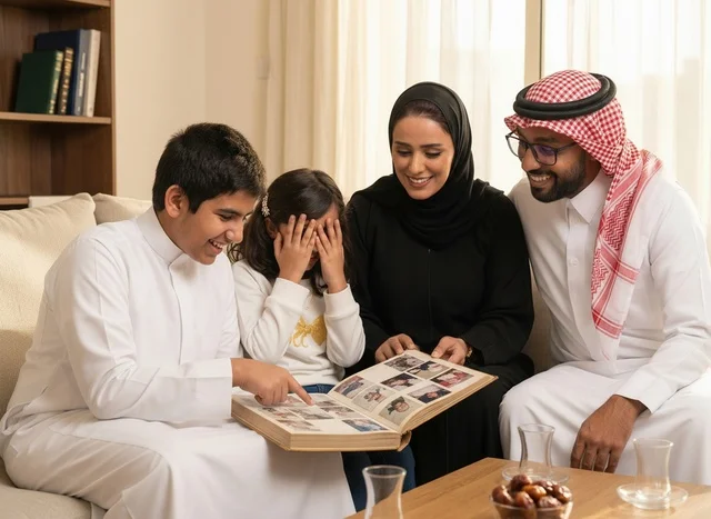 عائلة سعودية في غرفة المعيشة تشاهد ألبوم صور