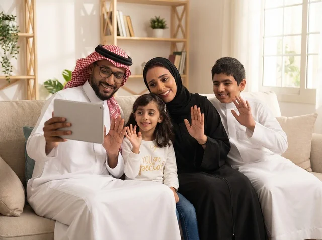 Saudi Family Using Digital Tablet for Video Call Saudi Family Using Digital Tablet for Video Call