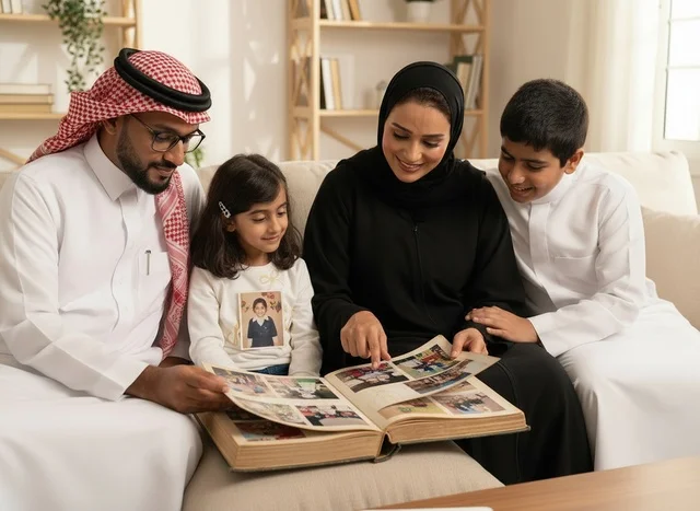 Saudi Family in Traditional Dress Looking at Photo Album