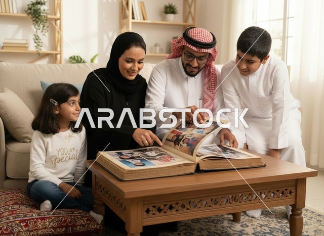 A Saudi family using a tablet in traditional clothing.