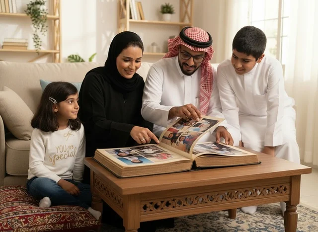 A Saudi family using a tablet in traditional clothing.