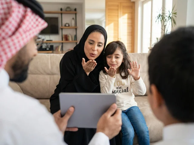 عائلة سعودية تجري مكالمة فيديو عبر جهاز لوحي في المنزل
