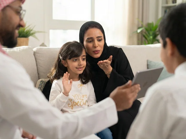 عائلة سعودية تجري مكالمة فيديو بجهاز لوحي بالمنزل