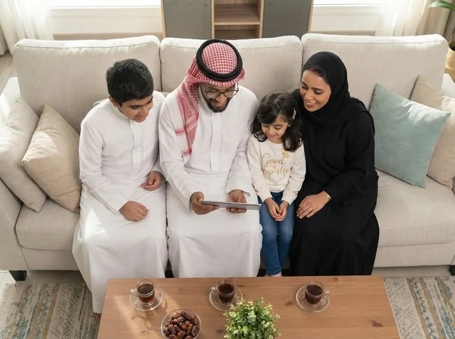 عائلة سعودية تستخدم الجهاز اللوحي في غرفة المعيشة