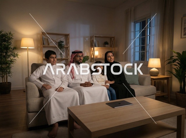 عائلة سعودية تستخدم جهاز لوحي بملابس تقليدية