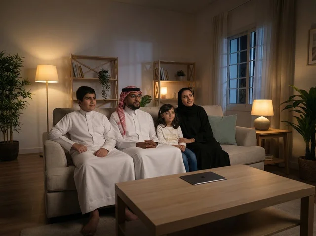 عائلة سعودية تستخدم جهاز لوحي بملابس تقليدية