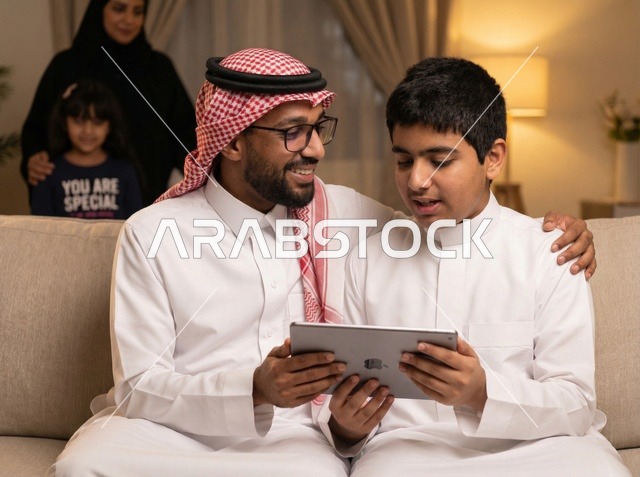 Saudi Father and Son Using Tablet at Home