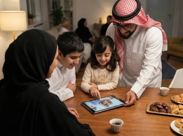 عائلة سعودية تستخدم جهاز لوحي في المنزل