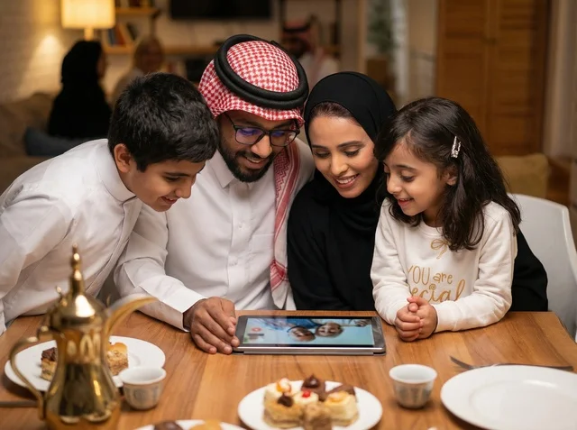 عائلة سعودية تستخدم جهاز لوحي بملابس تقليدية