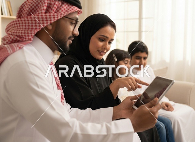 عائلة سعودية تستخدم جهاز لوحي بالملابس التقليدية