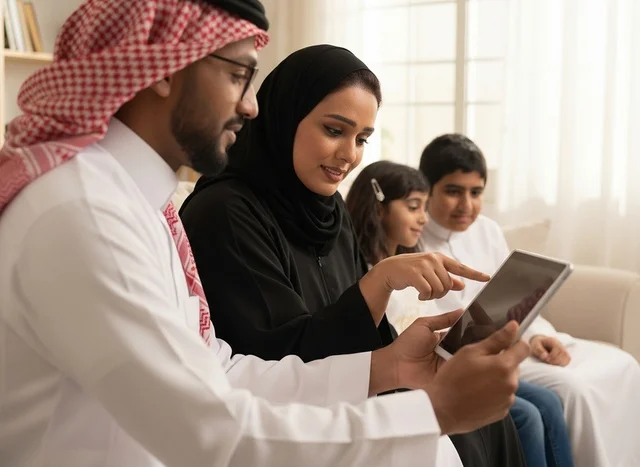Saudi Family Using Digital Tablet in Traditional Clothing