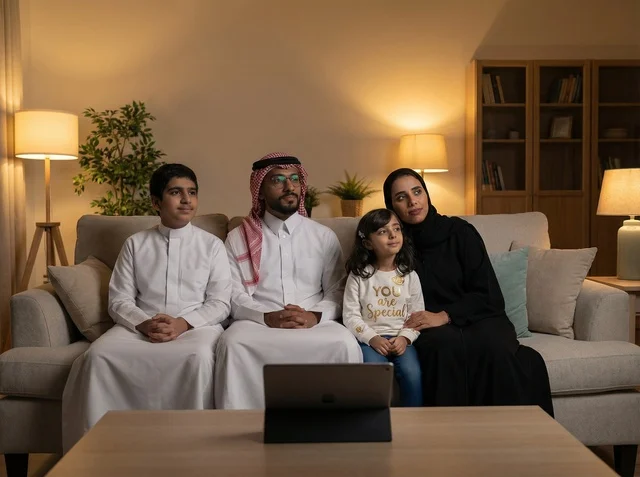 Saudi Family Using Tablet in Living Room