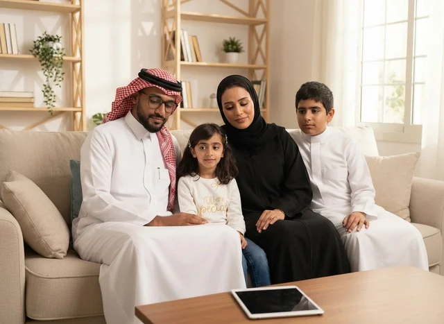أب سعودي وابنه يستخدمان الجهاز اللوحي في المنزل