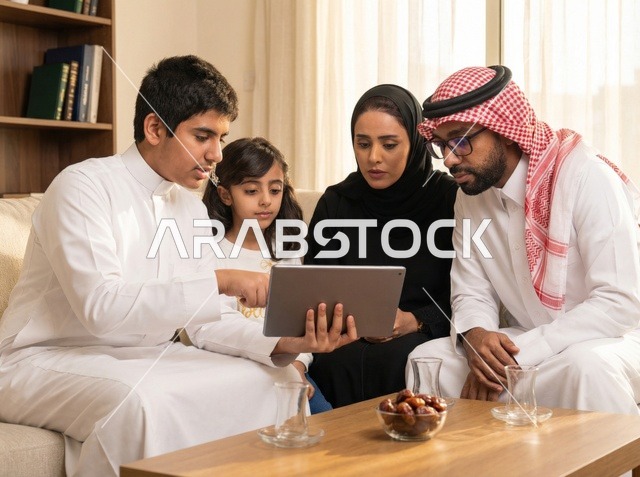 عائلة سعودية تستخدم جهاز لوحي بملابس تقليدية