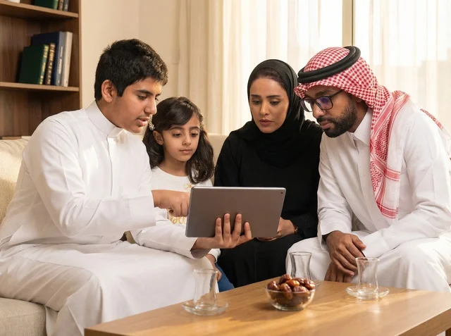 عائلة سعودية تستخدم جهاز لوحي بملابس تقليدية