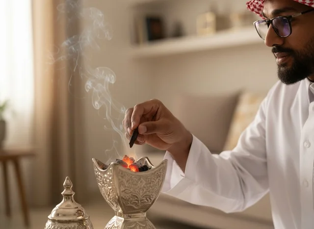 رجل سعودي بالزي التقليدي يضع البخور في المبخرة