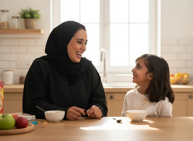 Saudi Mother and Daughter Having Breakfast in Kitchen