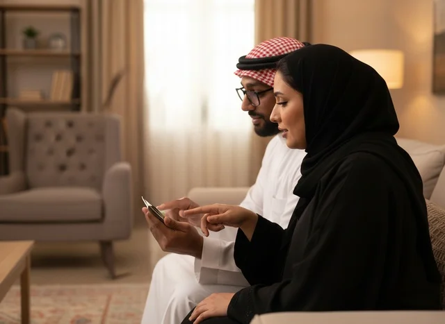 Saudi Couple Using Smartphone in Modern Home