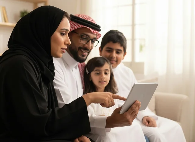 عائلة سعودية تستخدم جهاز لوحي بملابس تقليدية