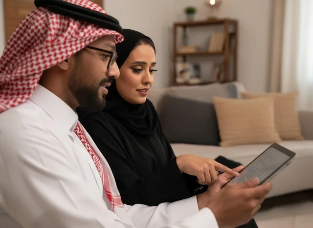 زوجان سعوديان بالزي التقليدي يستخدمان جهاز لوحي